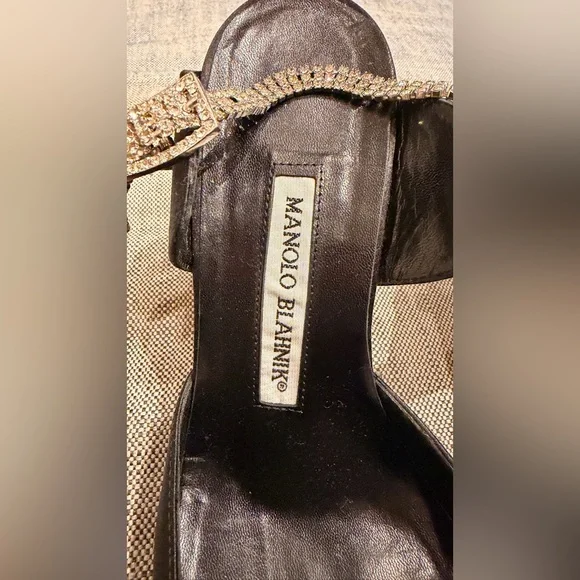 Manolo Blahnik Black Heels with Crystal Ankle and Emblem Embellishments, 37.5